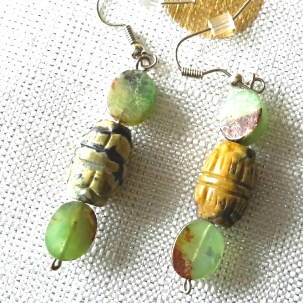 Jade Dangle Earrings & CARVED Brazilian Agate EXOTIC 1.5" Drop Artsy Modern - Picture 1 of 10